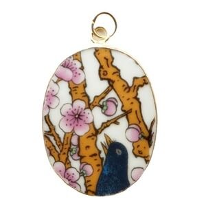 Bird in Cherry Blossoms Vintage Transferware China Pottery Shard Pendant Jewelry